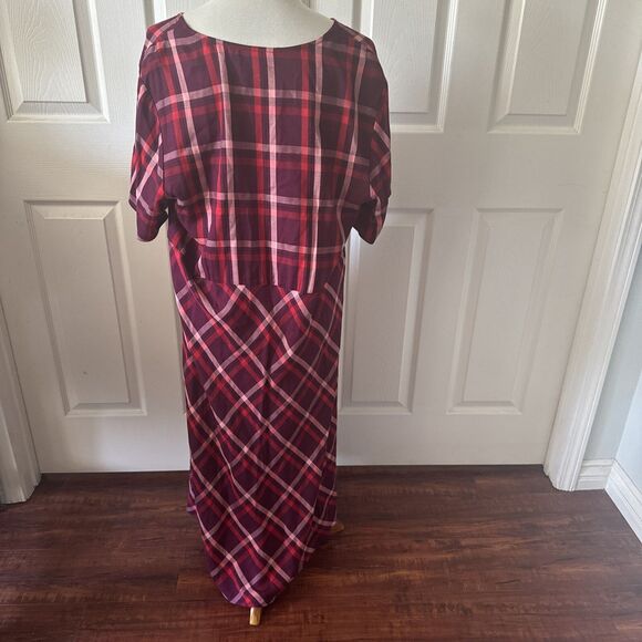 J Jill Womens XL Pink Plaid V Neck Maxi Dress Academia Cottagecore Modest Red - Picture 8 of 12